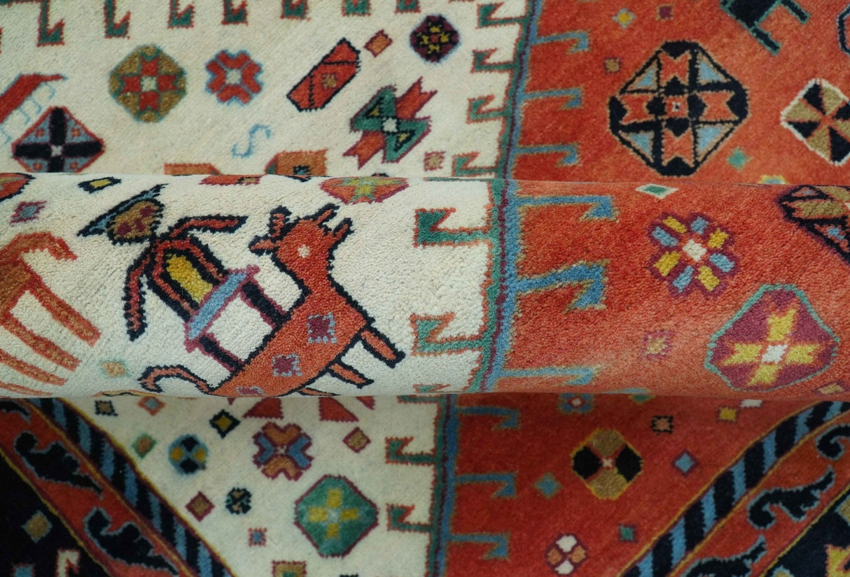 Traditional Tribal Rust And Ivory 8x11 Hand Knotted wool Area Rug