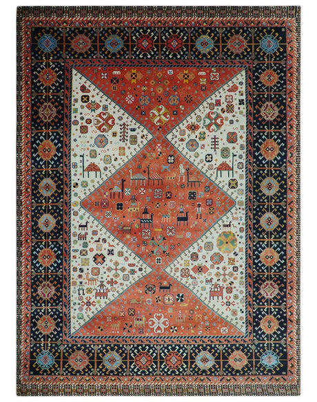 Traditional Tribal Rust And Ivory 8x11 Hand Knotted wool Area Rug