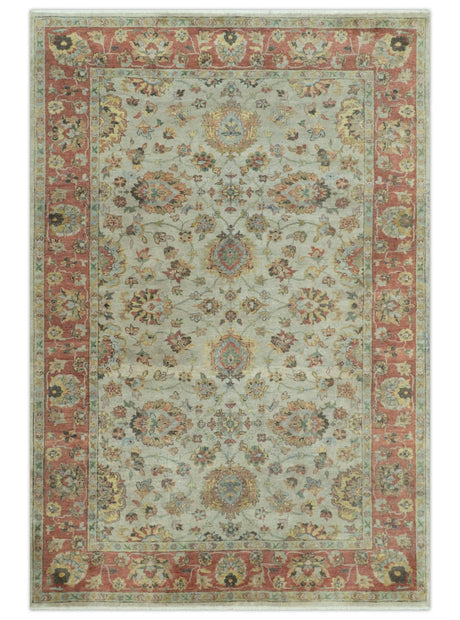 Traditional Turkish Design Beige and Rust 6x8.6 Hand Knotted Wool Area Rug