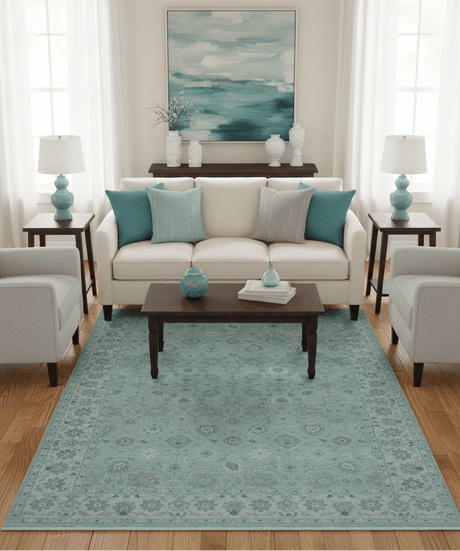 Traditional Turkish Design Blue And Beige 10x14 Hand Knotted Wool Area Rug