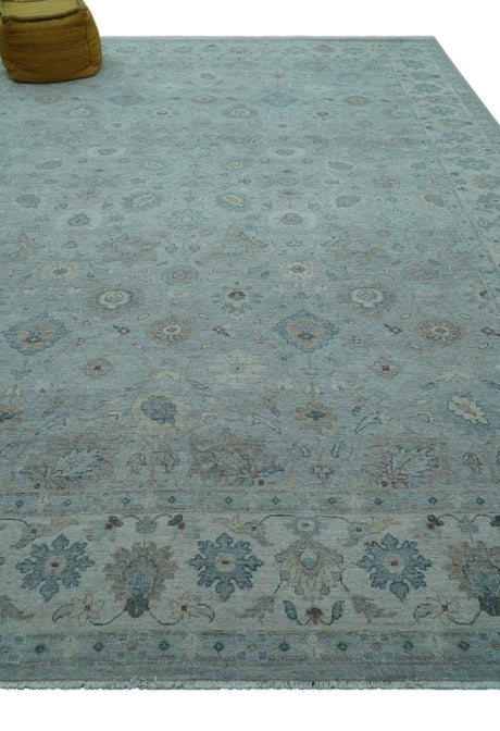 Traditional Turkish Design Blue And Beige 10x14 Hand Knotted Wool Area Rug