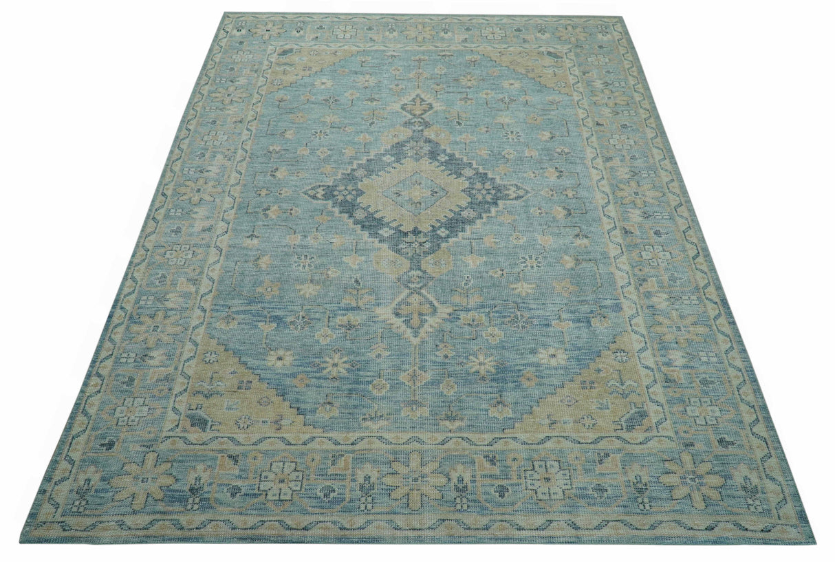 Traditional Turkish Design Blue And Beige Hand Knotted Wool Area Rug