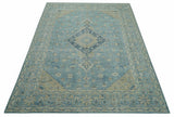 Traditional Turkish Design Blue And Beige Hand Knotted Wool Area Rug