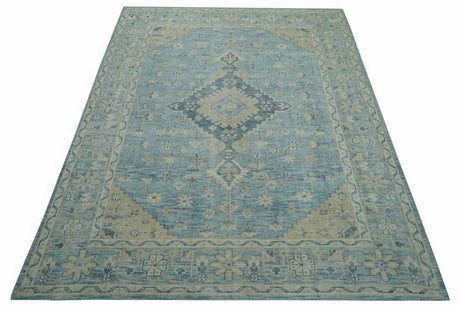 Traditional Turkish Design Blue And Beige Hand Knotted Wool Area Rug