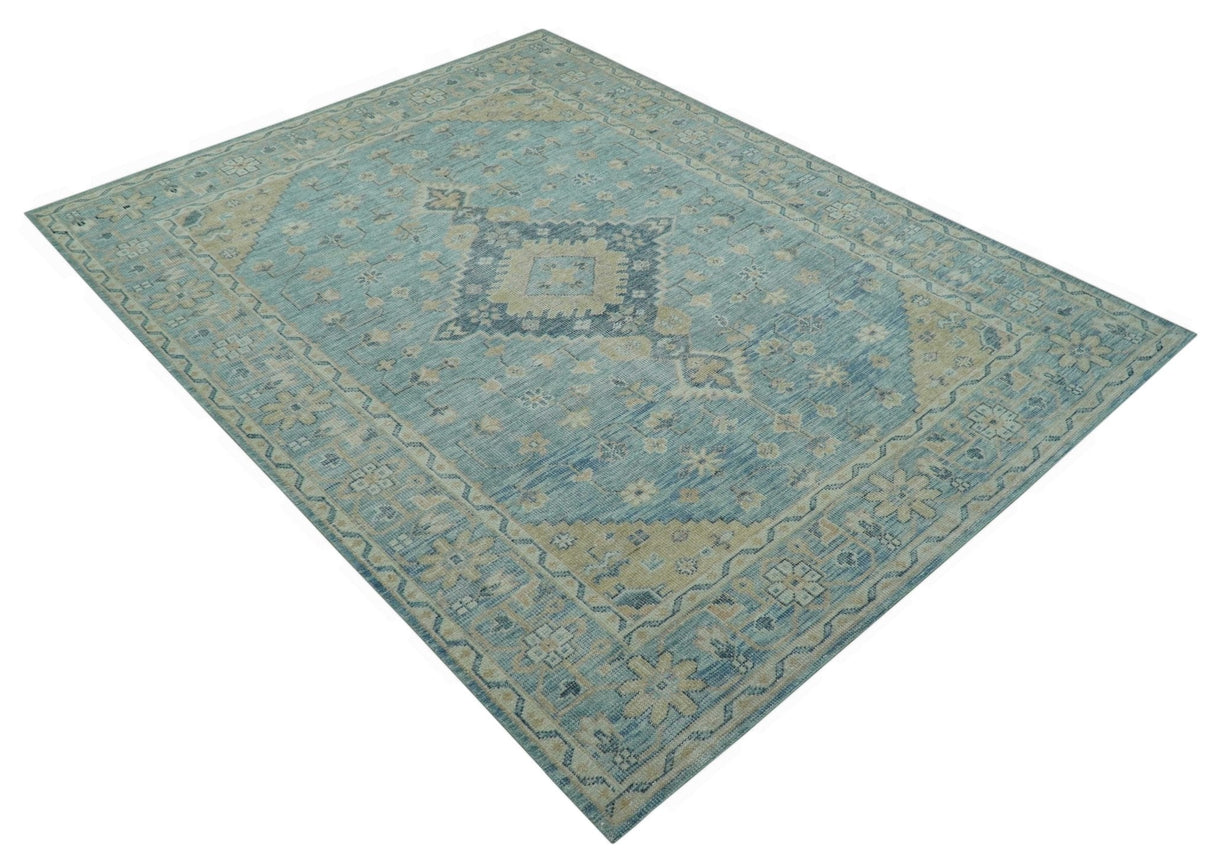 Traditional Turkish Design Blue And Beige Hand Knotted Wool Area Rug