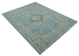 Traditional Turkish Design Blue And Beige Hand Knotted Wool Area Rug