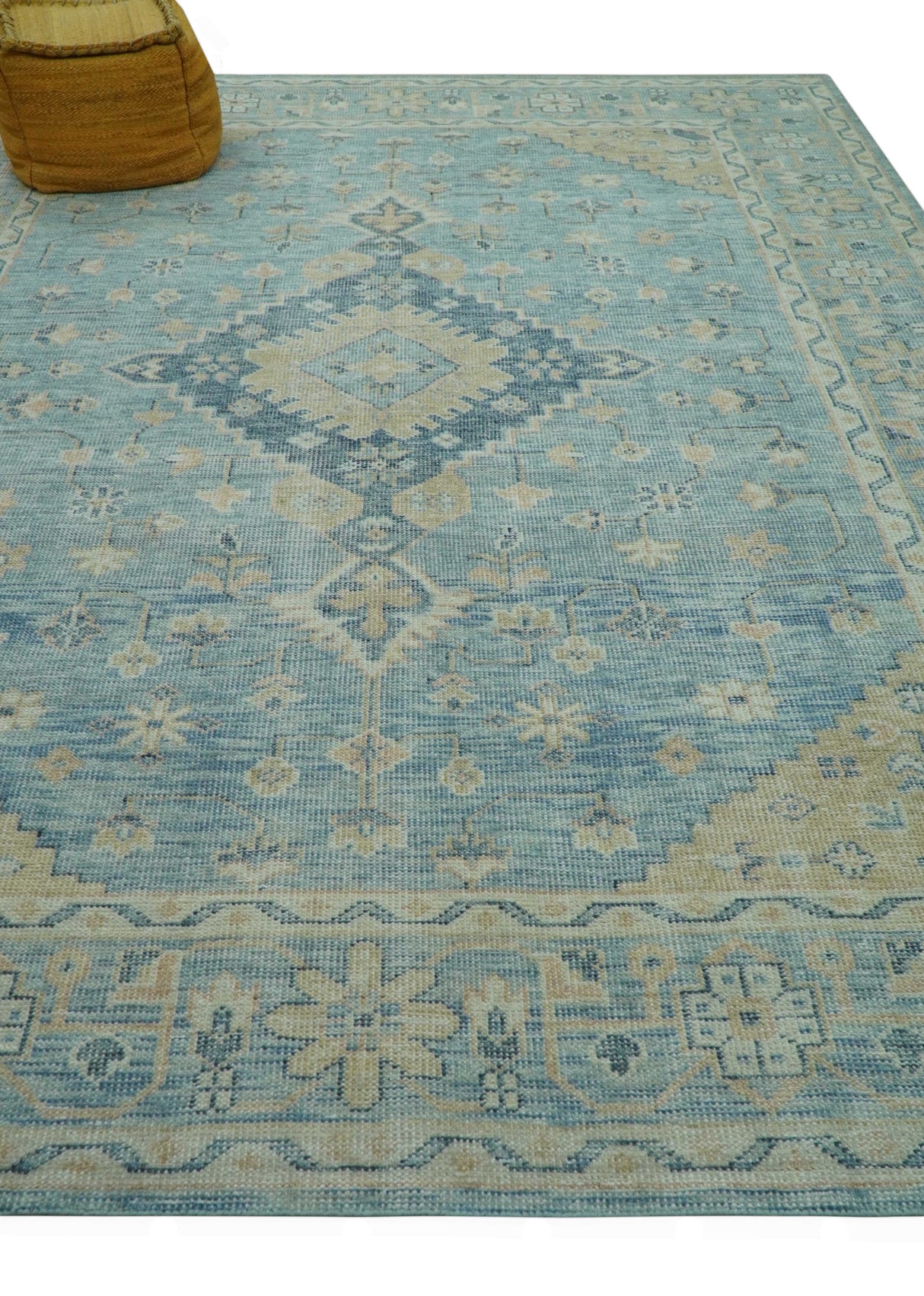 Traditional Turkish Design Blue And Beige Hand Knotted Wool Area Rug
