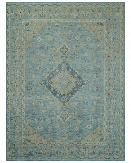 Traditional Turkish Design Blue And Beige Hand Knotted Wool Area Rug