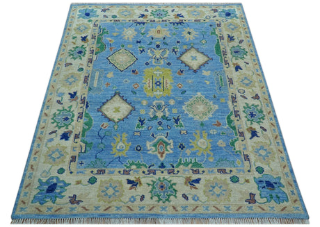 Traditional Turkish Design Blue And Ivory 8x10 Hand knotted Wool Rug