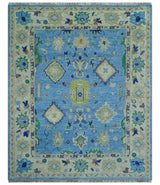 Traditional Turkish Design Blue And Ivory 8x10 Hand knotted Wool Rug