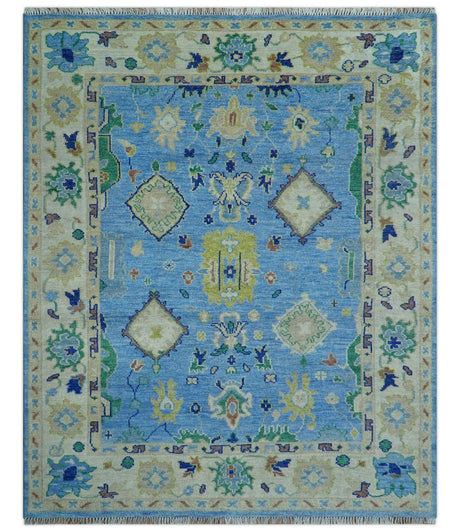 Traditional Turkish Design Blue And Ivory 8x10 Hand knotted Wool Rug