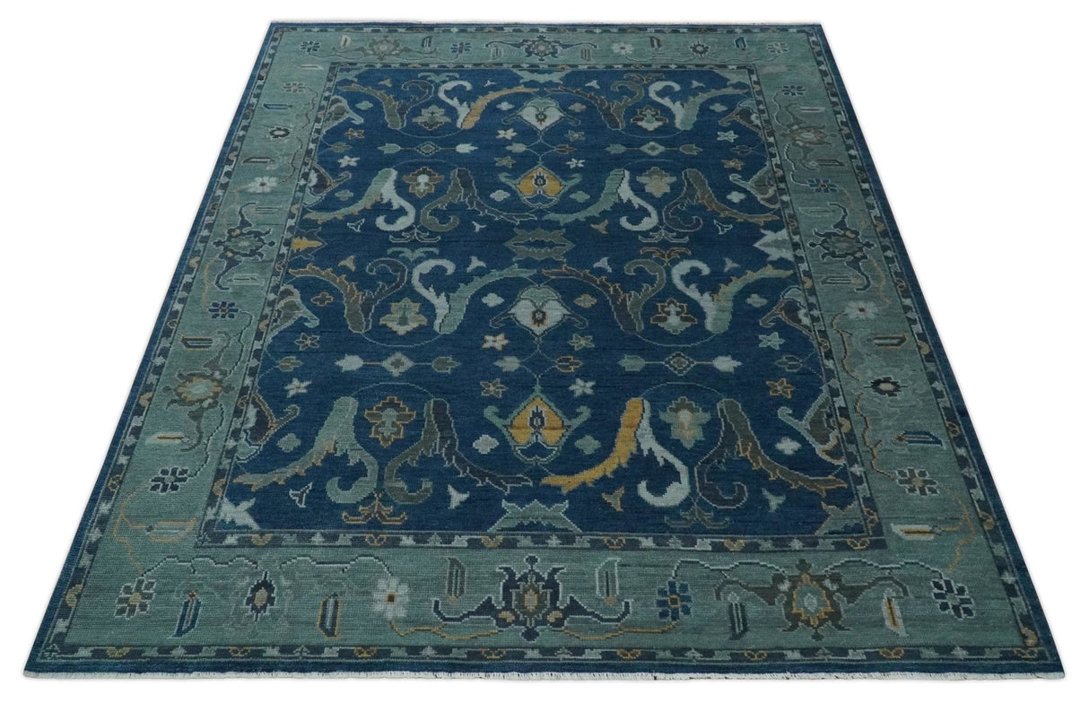 Traditional Turkish Design Hand Knotted Oriental Oushak Blue and Aqua Wool Area Rug
