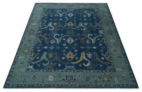 Traditional Turkish Design Hand Knotted Oriental Oushak Blue and Aqua Wool Area Rug