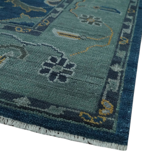 Traditional Turkish Design Hand Knotted Oriental Oushak Blue and Aqua Wool Area Rug