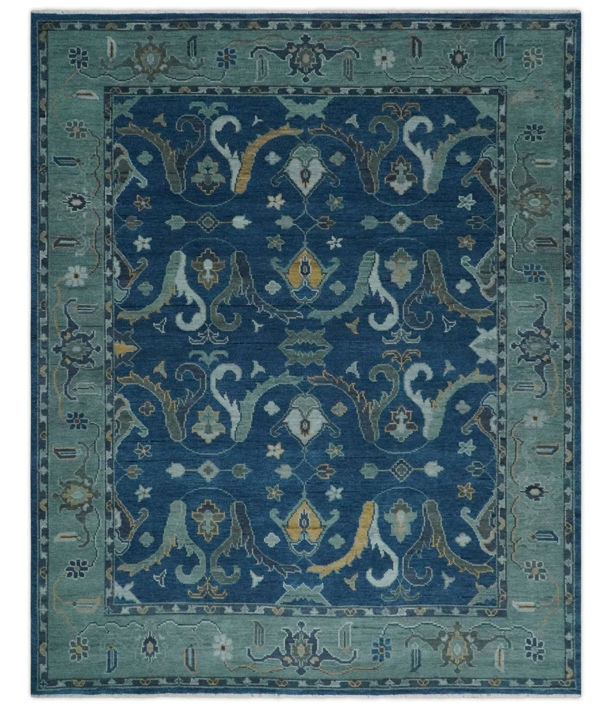 Traditional Turkish Design Hand Knotted Oriental Oushak Blue and Aqua Wool Area Rug