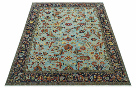 Traditional Turkish Knot Fine Blue And Rust Hand knotted Wool Area Rug