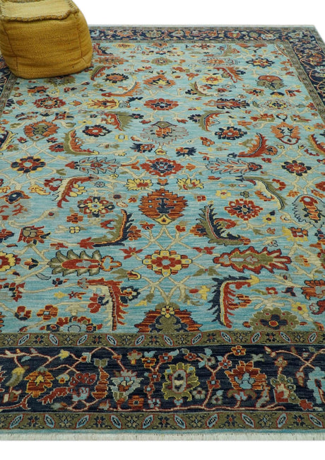 Traditional Turkish Knot Fine Blue And Rust Hand knotted Wool Area Rug