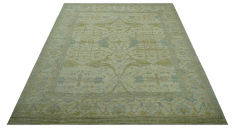Traditional Turkish Oushak Design Beige And Blue Hand Knotted 12.4x15 Wool Area Rug