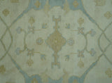 Traditional Turkish Oushak Design Beige And Blue Hand Knotted 12.4x15 Wool Area Rug