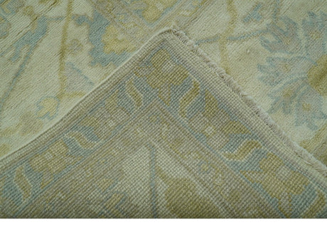 Traditional Turkish Oushak Design Beige And Blue Hand Knotted 12.4x15 Wool Area Rug