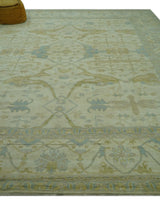 Traditional Turkish Oushak Design Beige And Blue Hand Knotted 12.4x15 Wool Area Rug