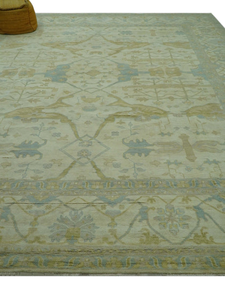 Traditional Turkish Oushak Design Beige And Blue Hand Knotted 12.4x15 Wool Area Rug