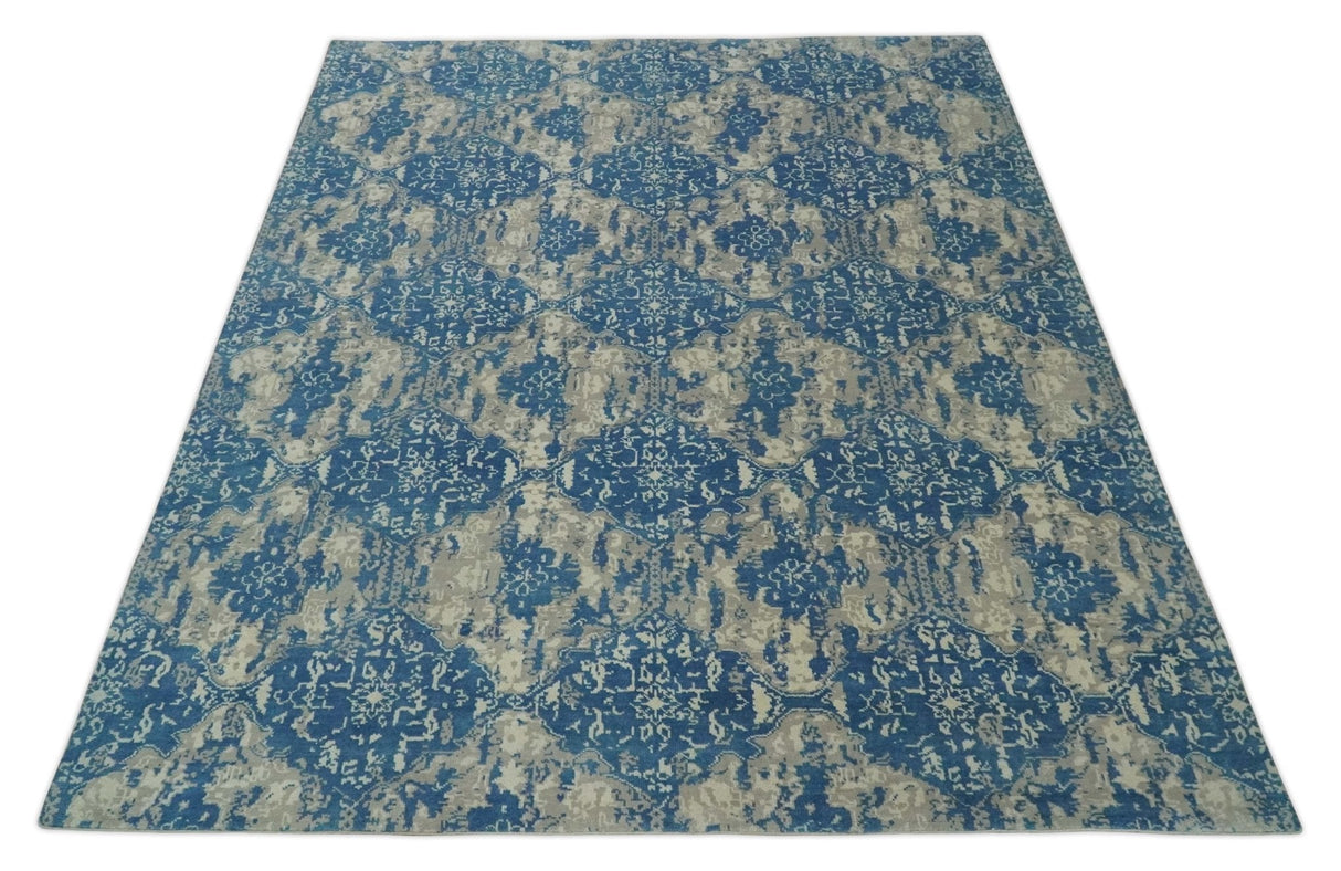 Transitional 9x12 Hand Knotted Blue and Ivory Ikat Pattern Traditional Wool Area Rug