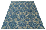 Transitional 9x12 Hand Knotted Blue and Ivory Ikat Pattern Traditional Wool Area Rug