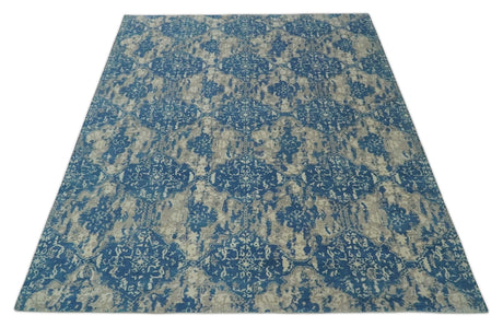 Transitional 9x12 Hand Knotted Blue and Ivory Ikat Pattern Traditional Wool Area Rug