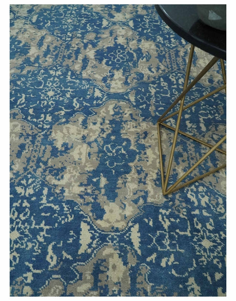 Transitional 9x12 Hand Knotted Blue and Ivory Ikat Pattern Traditional Wool Area Rug
