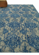 Transitional 9x12 Hand Knotted Blue and Ivory Ikat Pattern Traditional Wool Area Rug