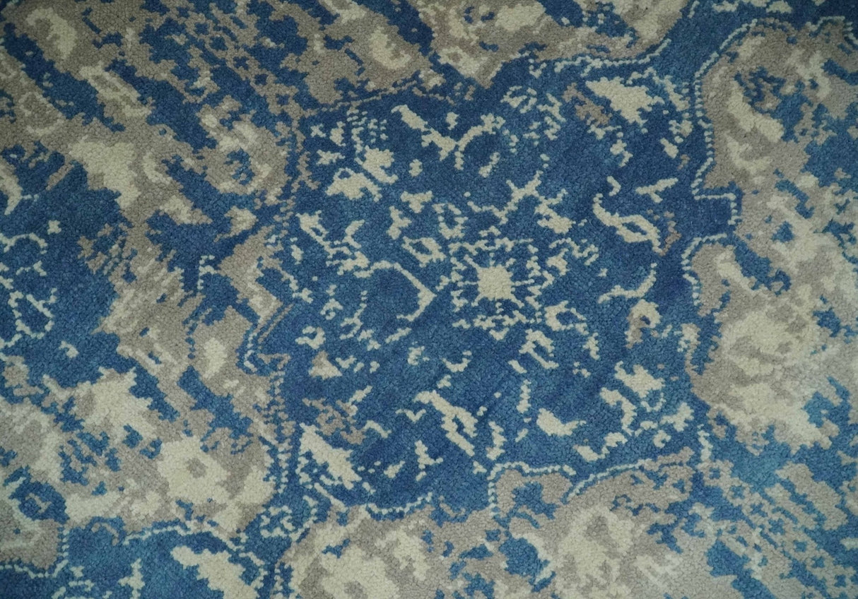 Transitional 9x12 Hand Knotted Blue and Ivory Ikat Pattern Traditional Wool Area Rug