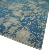 Transitional 9x12 Hand Knotted Blue and Ivory Ikat Pattern Traditional Wool Area Rug