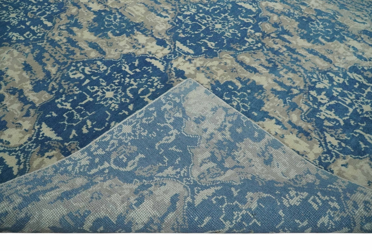 Transitional 9x12 Hand Knotted Blue and Ivory Ikat Pattern Traditional Wool Area Rug