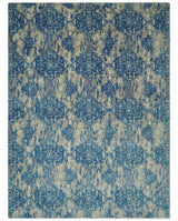 Transitional 9x12 Hand Knotted Blue and Ivory Ikat Pattern Traditional Wool Area Rug