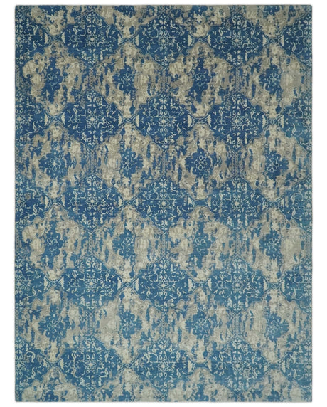 Transitional 9x12 Hand Knotted Blue and Ivory Ikat Pattern Traditional Wool Area Rug