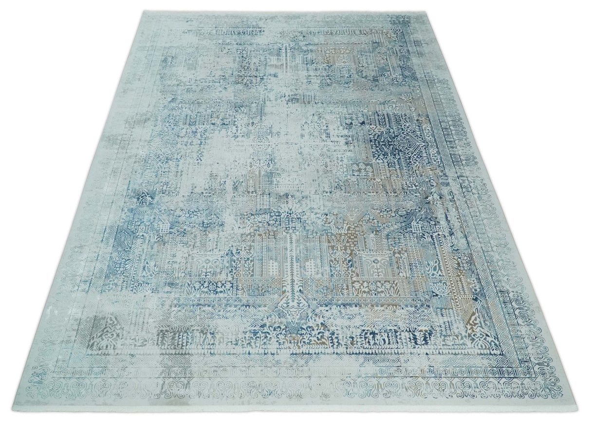 Transitional Blue and Ivory Antique Finish Art Silk Area Rug
