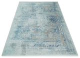 Transitional Blue and Ivory Antique Finish Art Silk Area Rug