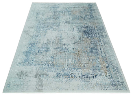 Transitional Blue and Ivory Antique Finish Art Silk Area Rug