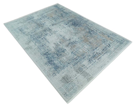 Transitional Blue and Ivory Antique Finish Art Silk Area Rug