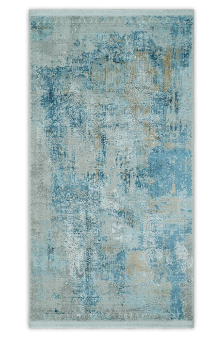 Transitional Blue and Ivory Antique Finish Art Silk Area Rug