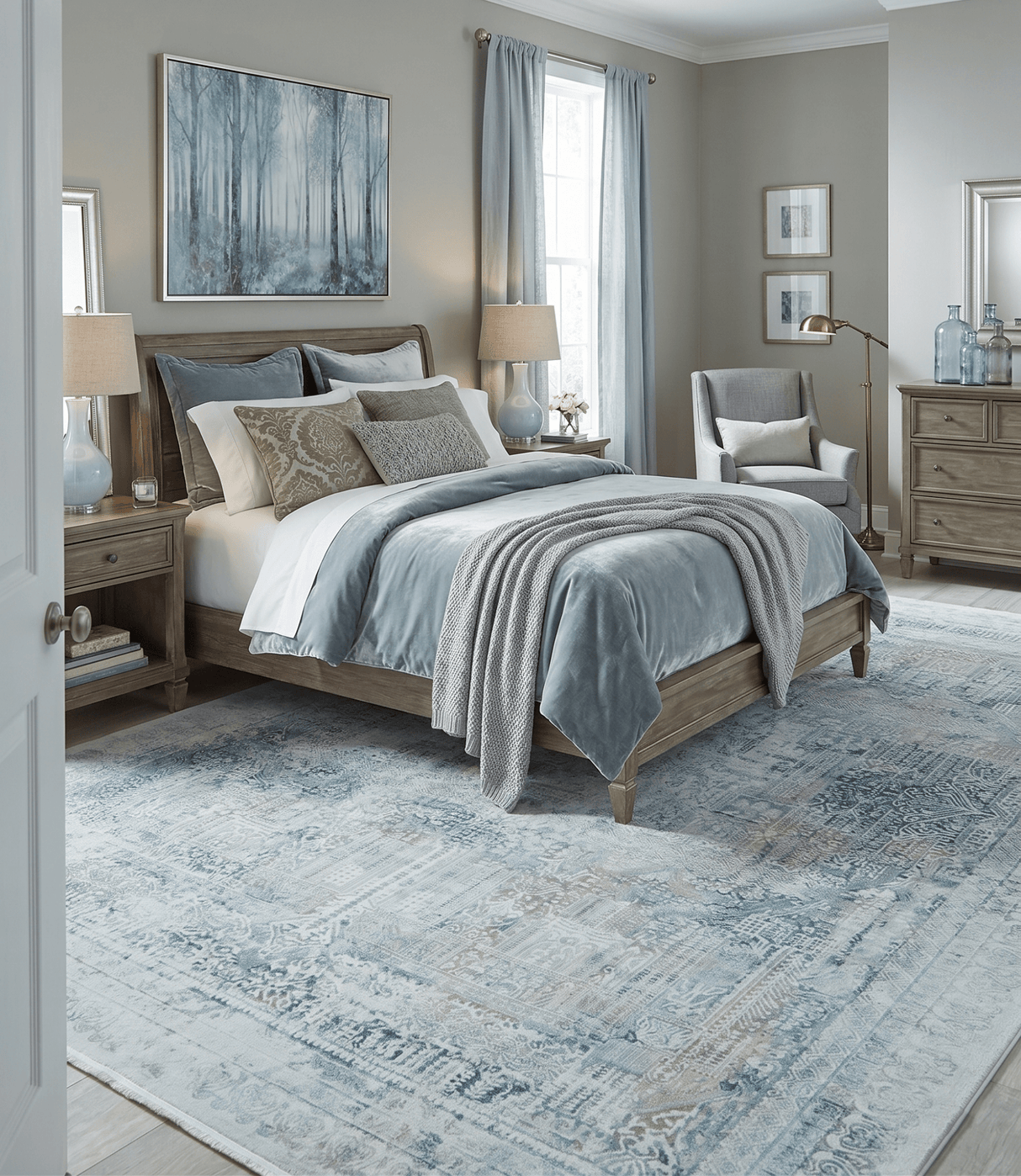 Transitional Blue and Ivory Antique Finish Art Silk Area Rug