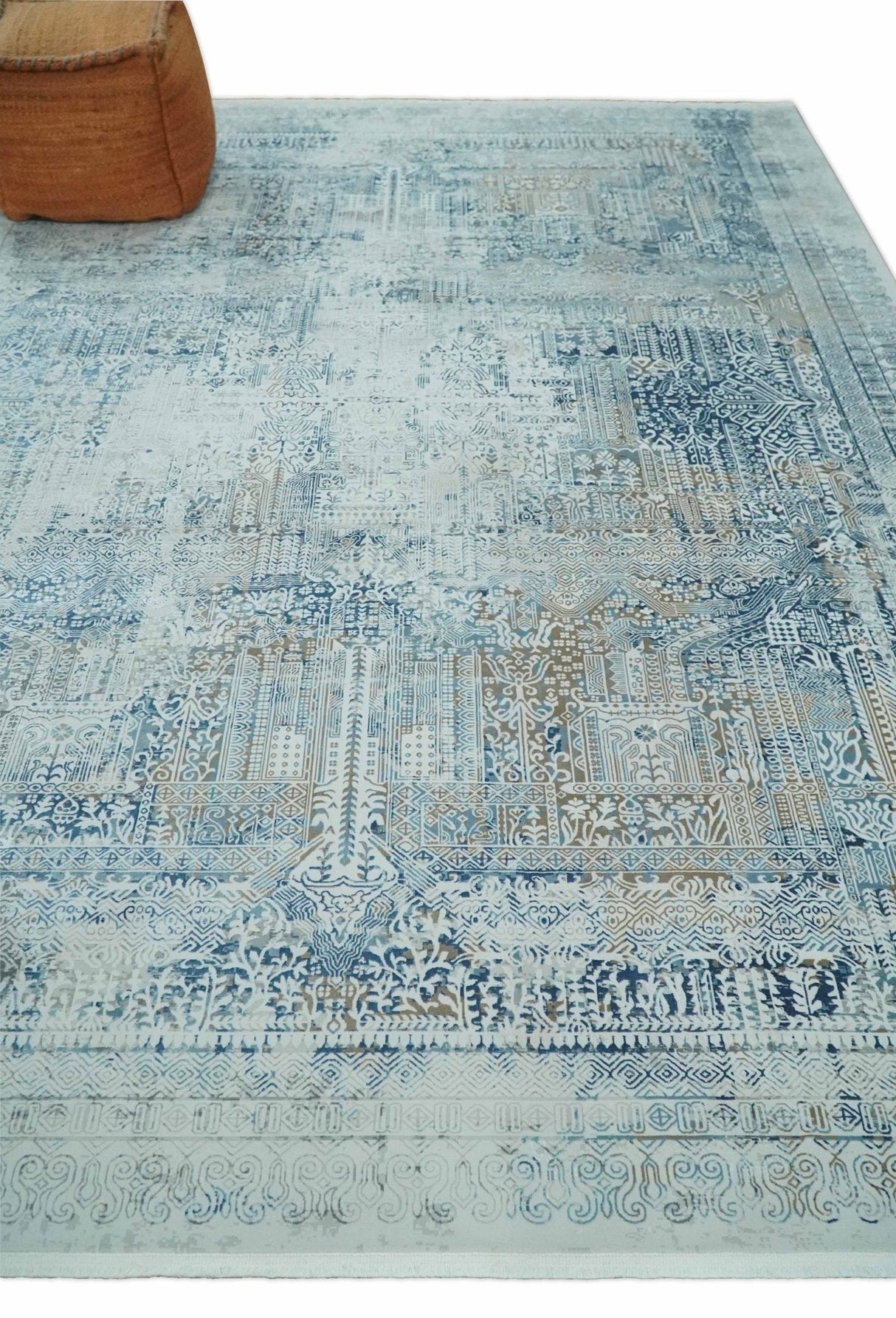 Transitional Blue and Ivory Antique Finish Art Silk Area Rug