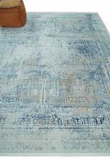 Transitional Blue and Ivory Antique Finish Art Silk Area Rug