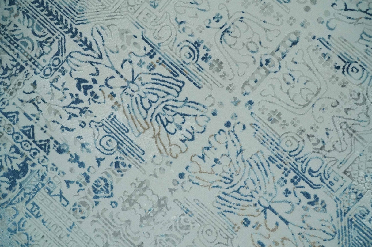 Transitional Blue and Ivory Antique Finish Art Silk Area Rug