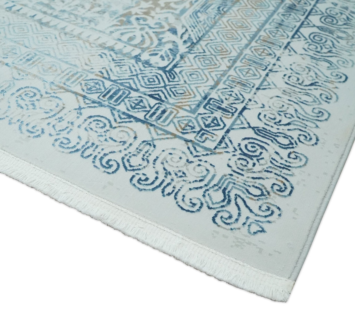 Transitional Blue and Ivory Antique Finish Art Silk Area Rug