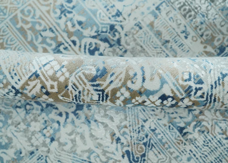 Transitional Blue and Ivory Antique Finish Art Silk Area Rug