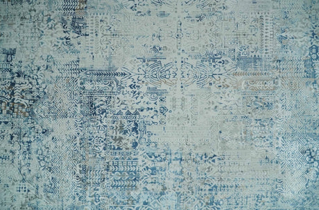Transitional Blue and Ivory Antique Finish Art Silk Area Rug