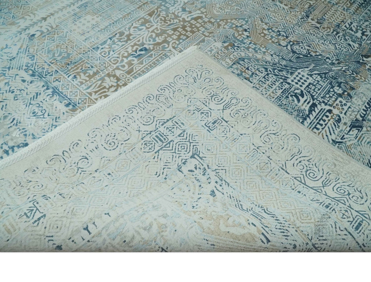 Transitional Blue and Ivory Antique Finish Art Silk Area Rug
