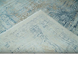 Transitional Blue and Ivory Antique Finish Art Silk Area Rug